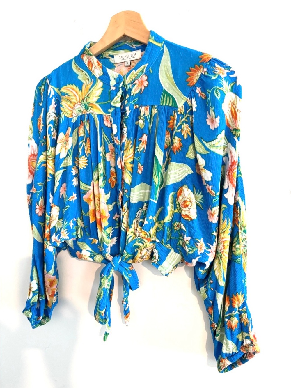 Rachel Zoe Size S bohemian-style cropped tie front Teal-Blue Floral Blouse